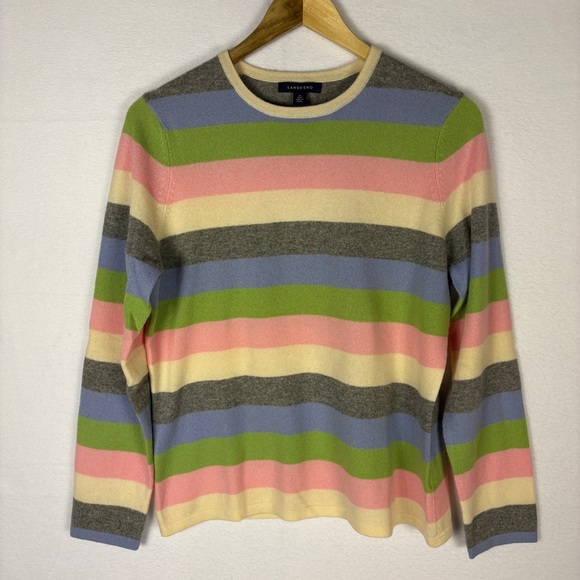 Lands' End Cashmere Pink Blue Pastel Stripe Crewneck Sweater - Picture 1 of 6